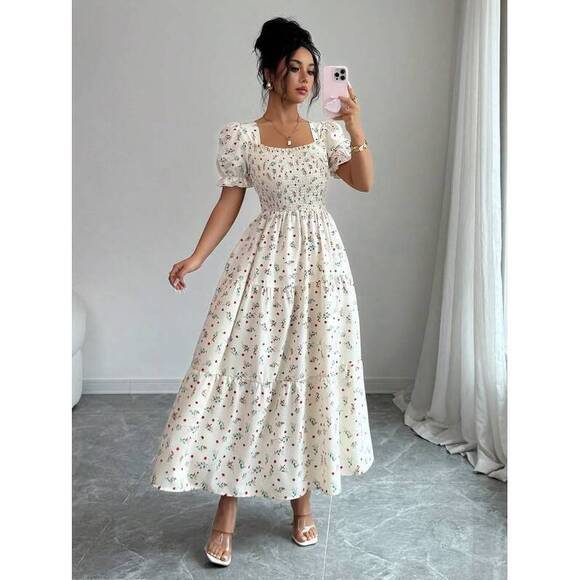Dresses & Skirts - Elenzga Floral Square Collar Cinched Waist A-Line Pa